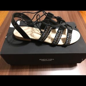 VERA FLORIE Black Beaded Lace Up Gladiator Sandals